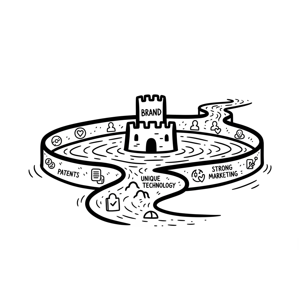 Brand Hand-Drawn Cartoon Castle Atop A Circular Moat Illustrating Patents, Unique Technology, And Strong Marketing.
