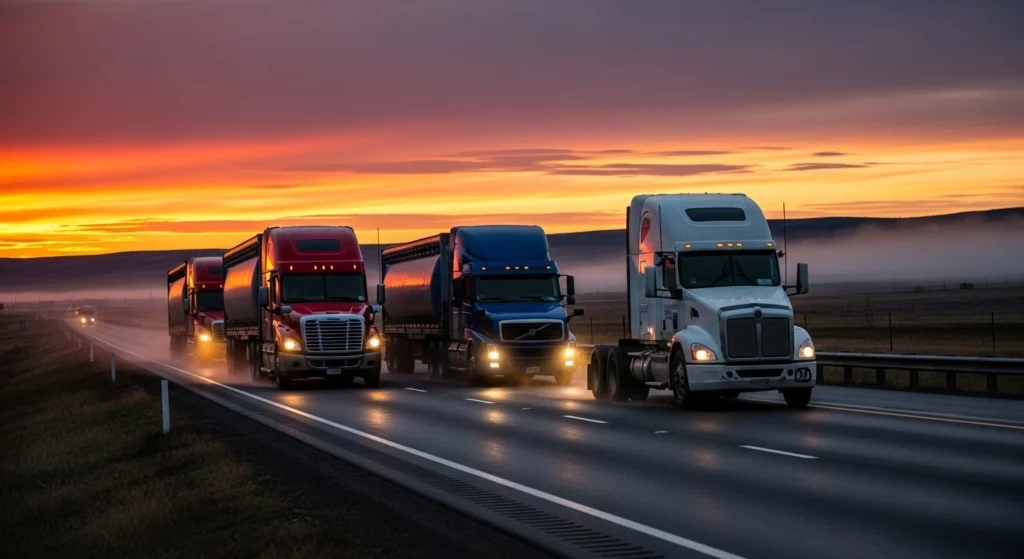 Trucks On A Highway Convoy At Sunset, Red, Blue, And White Semi Trailers Under A Dramatic Orange Sky.