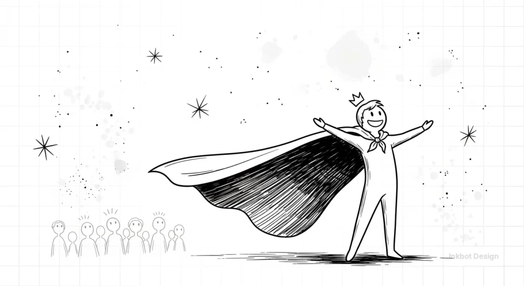 Inkbot Design Crowned Hero With Cape, Open-Armed Pose, Crowd Of Stick Figures, Sketch-Style Line Art.