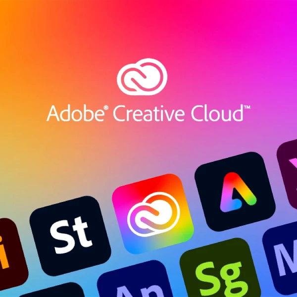 Adobe Creative Cloud Logo With Colorful App Icons On Gradient Background.