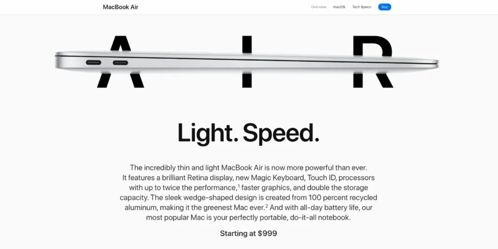 Macbook Air Logo Area With A Slim Silver Laptop Edge Over The Large Black Text Background &Ldquo;Light. Speed.&Rdquo; And Descriptive Product Paragraph.