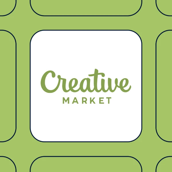Creative Market Logo, Rounded White Tile On Lime Grid Background With Green Script And &Quot;Market&Quot; Text.