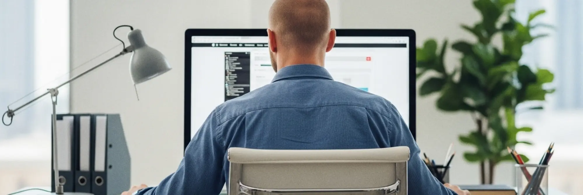 Leading Uk Web Design Agency Inkbot Design Belfast Inkbot Design At A Modern Desk With A Large Monitor, Blue Shirt, Desk Lamp, Binders And A Green Plant.
