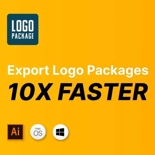Logo Package Bold Yellow Background With “Export Logo Packages” And “10X Faster” Text; Includes Ai, Macos, Windows Icons.