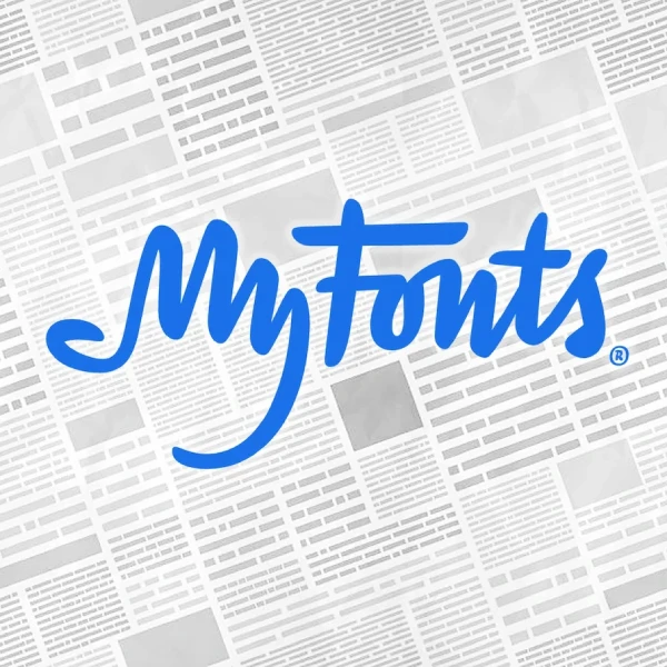 Myfonts Blue Logo On Newsprint Background, Bold Script Wordmark Style Branding.